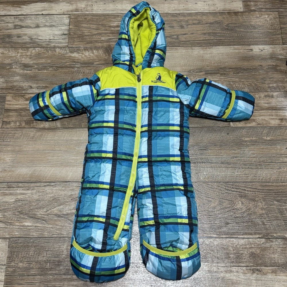 Rugged Bear‎ Snowsuit 6-9 Months Blue Green Plaid Insulated Hand/feet Covers